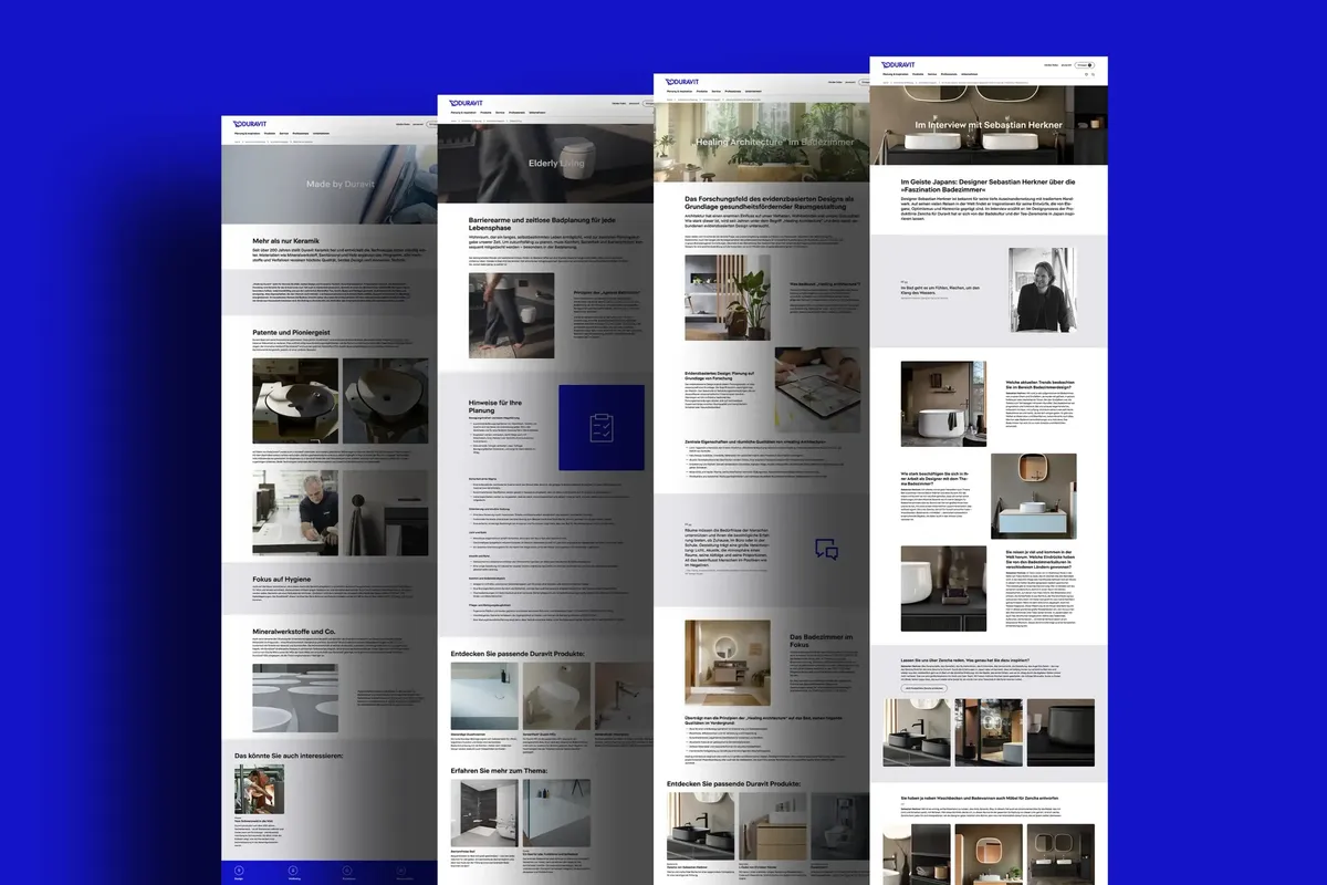 Vier Magazinartikel der Duravit-Architekturplattform als lange Seitenansichten nebeneinander auf blauem Hintergrund