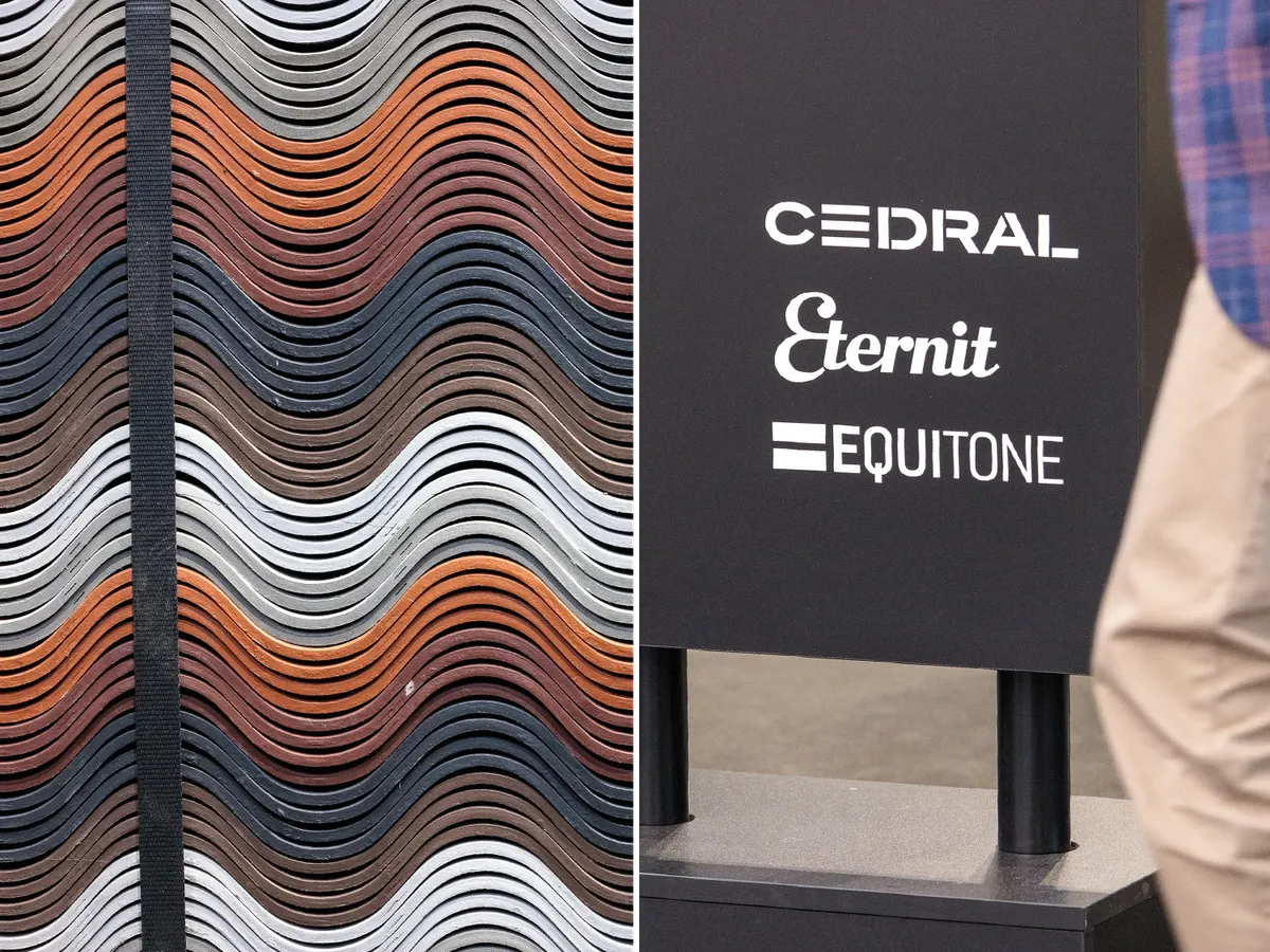 Collage vom Etex Messestand auf der BAU 2025: gewellte Faserzementplatten in Rot-, Grau- und Weißtönen und eine Stele mit den Logos von Cedral, Eternit und Equitone