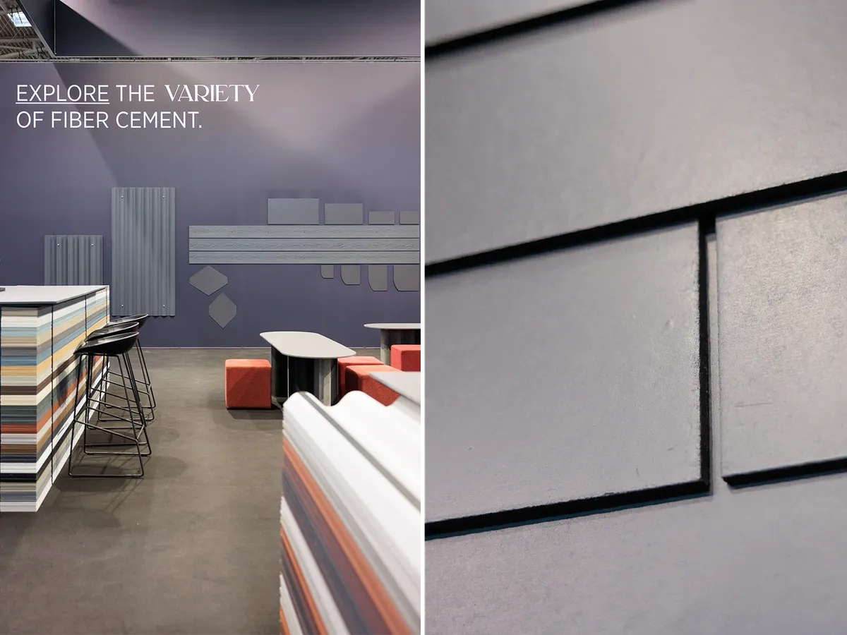 Collage vom Etex Messestand: Loungebereich mit Wandschriftzug »Explore the variety of fiber cement«, Barhockern und roten Sitzwürfeln sowie Detail dunkler Fassadenplatten