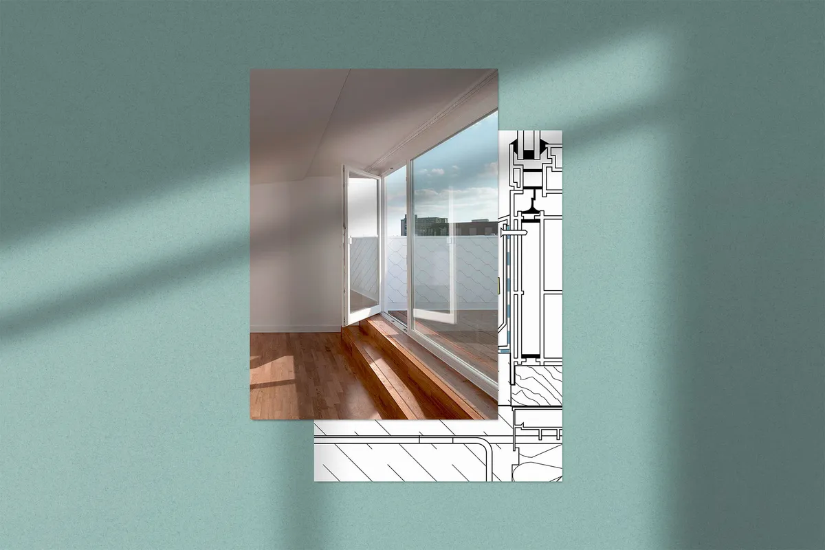 Architekturfoto eines Raums mit bodentiefem Fenster, überlagert von einer Detailzeichnung des Fensteranschlusses, auf mintgrünem Hintergrund