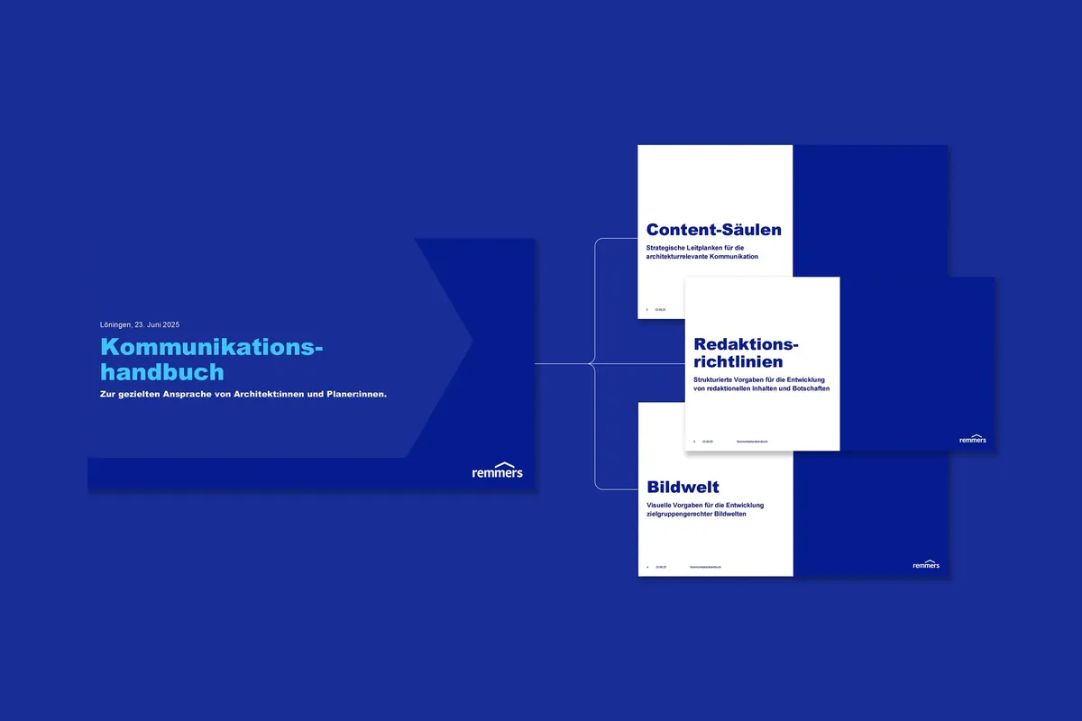 Titelseite und Kapitel des Kommunikationshandbuchs für Remmers: Content-Säulen, Redaktionsrichtlinien und Bildwelt zur Ansprache von Architekt:innen und Fachplaner:innen.