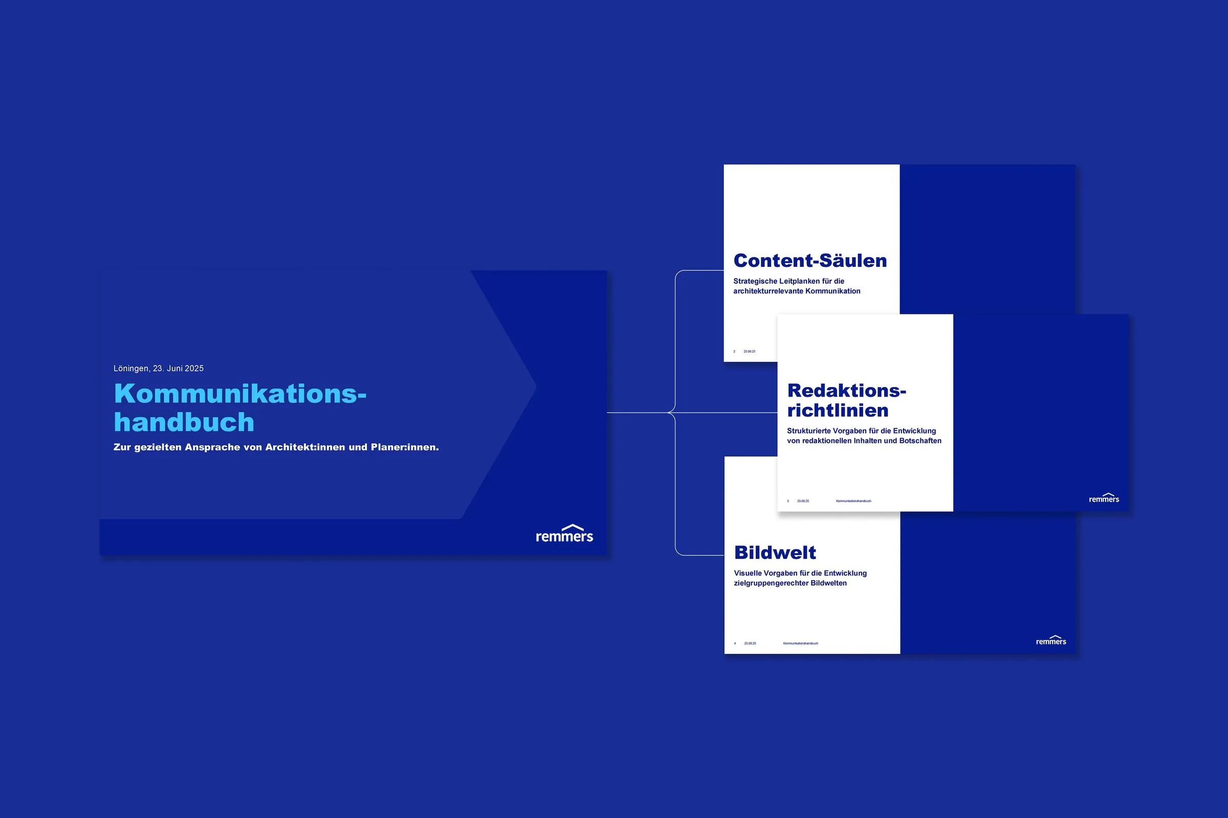 Titelseite und Kapitel des Kommunikationshandbuchs für Remmers: Content-Säulen, Redaktionsrichtlinien und Bildwelt zur Ansprache von Architekt:innen und Fachplaner:innen.