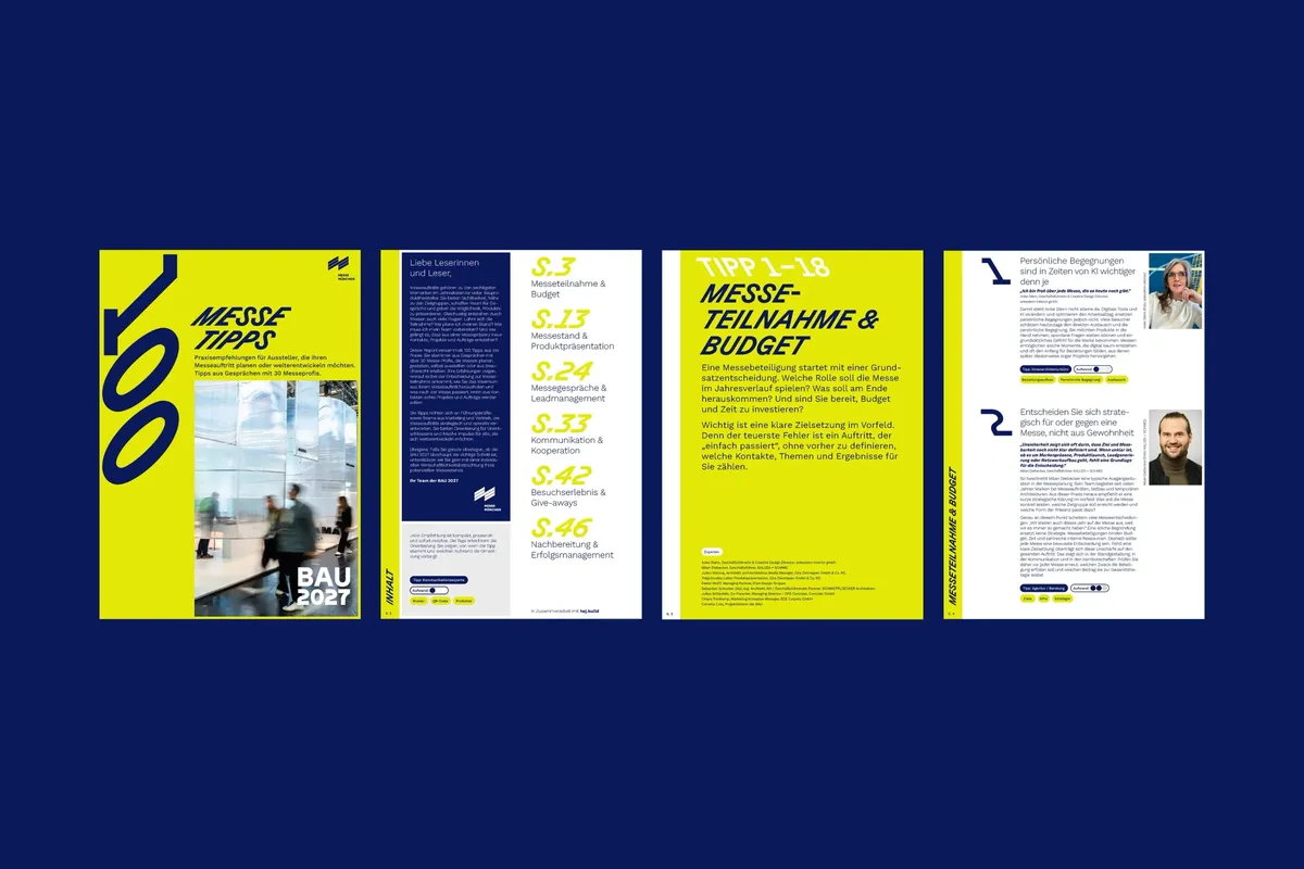 Vier Seiten des Messe-Reports »100 Messe-Tipps«: Cover, Inhaltsverzeichnis, Kapitelauftakt »Messeteilnahme & Budget« und eine Tippseite