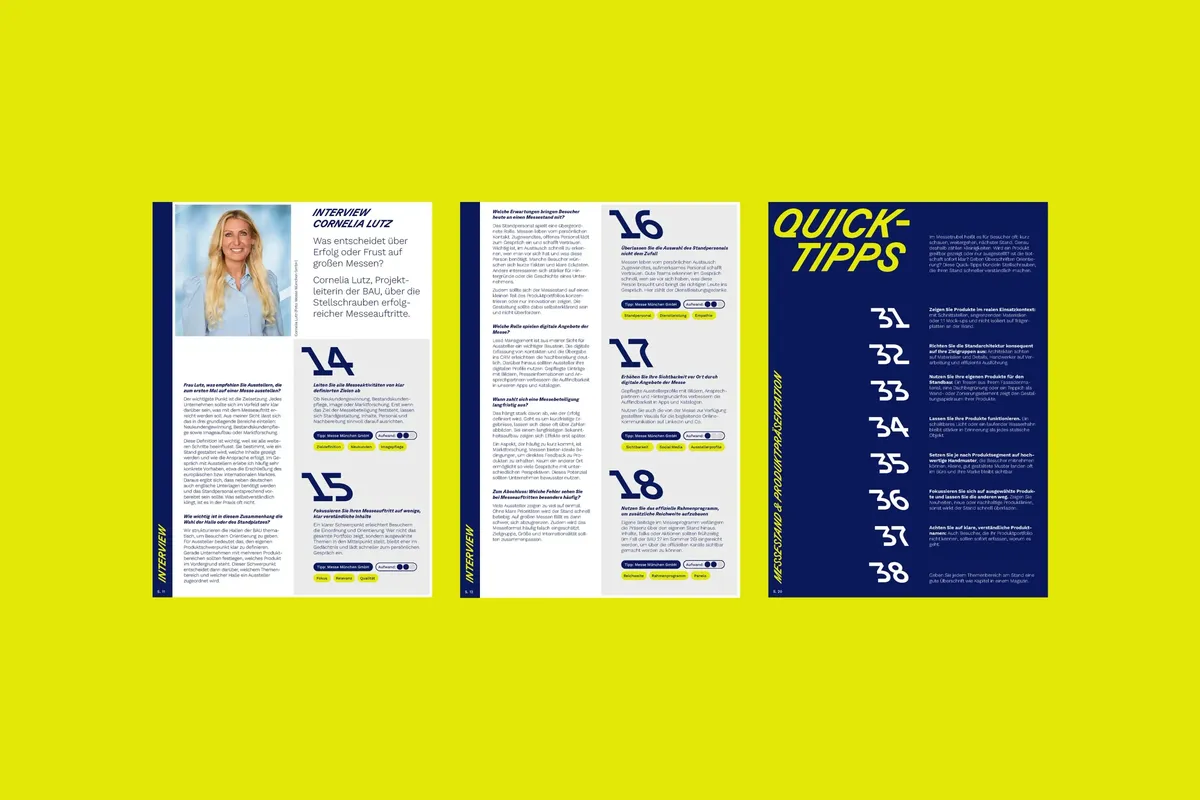 Drei Seiten des Messe-Reports mit einem Interview, den Tipps 16 bis 18 und den Quick-Tipps auf gelbem Hintergrund