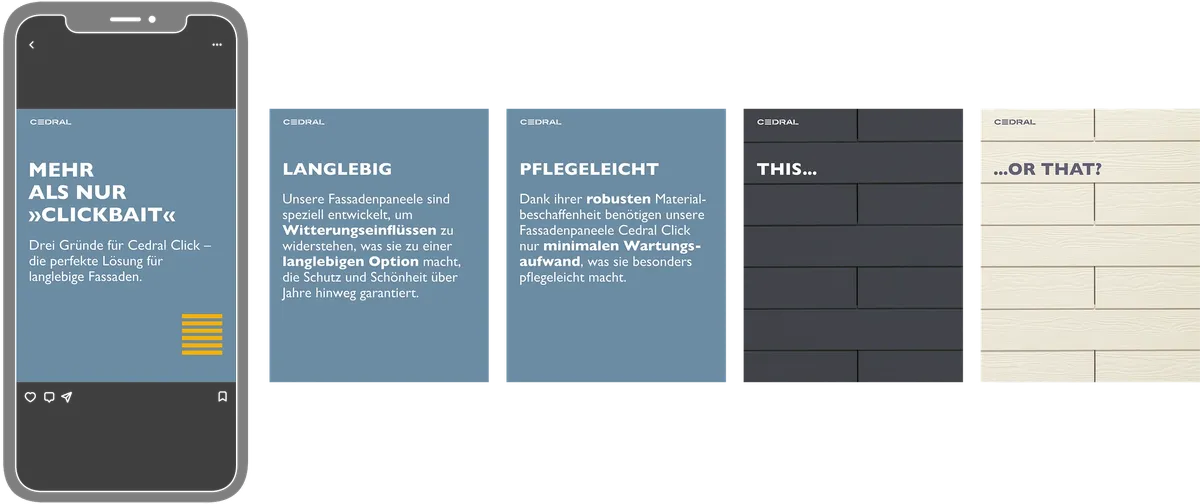 Karussell-Beitrag von Cedral »Mehr als nur Clickbait« zu den Fassadenpaneelen Cedral Click, mit Folien zu Langlebigkeit und Pflege