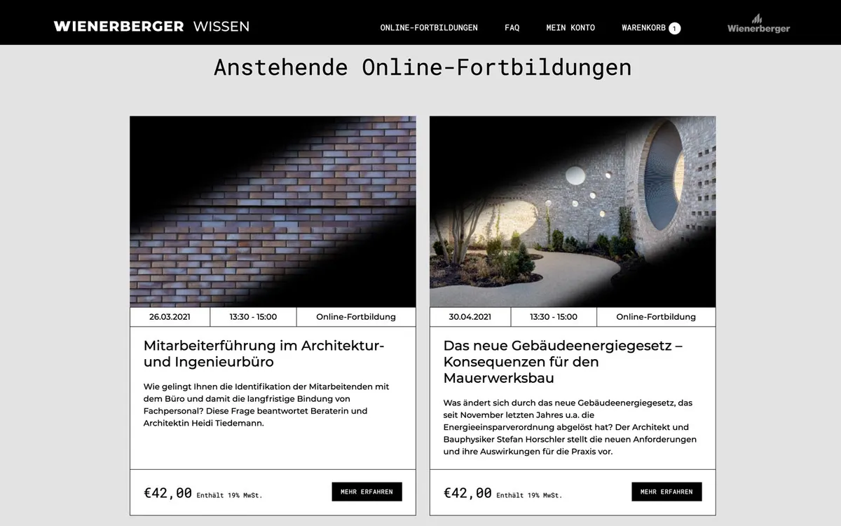 Website von wienerberger Wissen mit anstehenden Online-Fortbildungen, unter anderem zu Mitarbeiterführung und zum neuen Gebäudeenergiegesetz