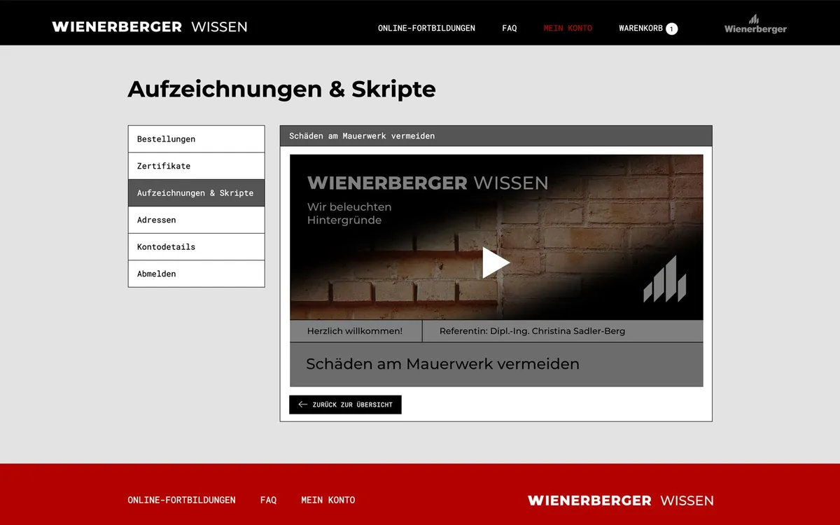 Kontobereich von wienerberger Wissen mit Aufzeichnungen und Skripten, geöffnet ist das Video »Schäden am Mauerwerk vermeiden«