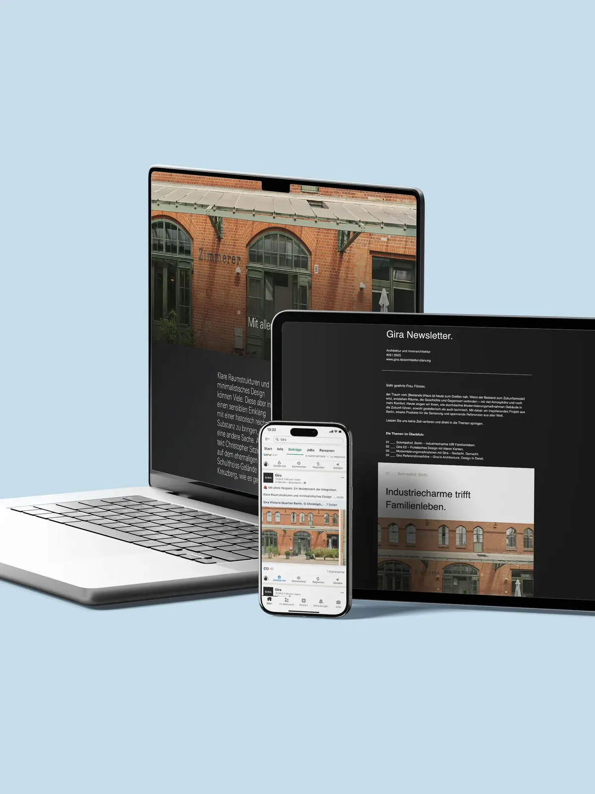 Laptop, Tablet und Smartphone zeigen die Referenz eines sanierten Industriegebäudes mit Newsletter-Inhalten