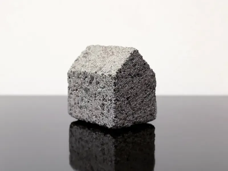 Kleines Modellhaus aus grauem Stein mit rauer Oberfläche, minimalistisch auf schwarzer glänzender Fläche