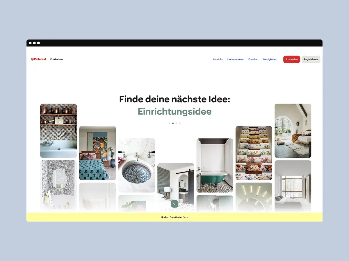 Pinterest-Startseite im Browser mit der Überschrift »Finde deine nächste Idee: Einrichtungsidee« und Interieurbildern