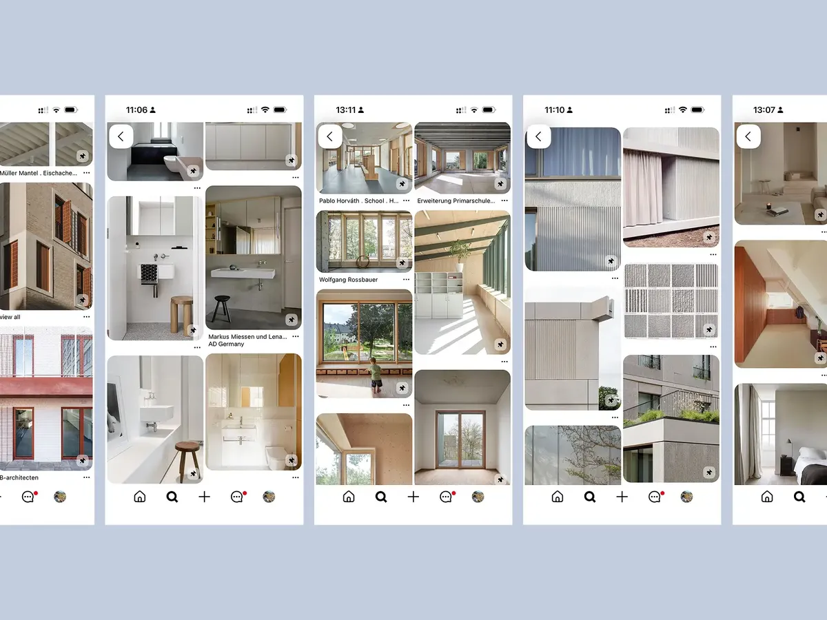 Mehrere Smartphone-Ansichten von Pinterest mit gespeicherten Pins zu Bädern, Fassaden und Innenräumen