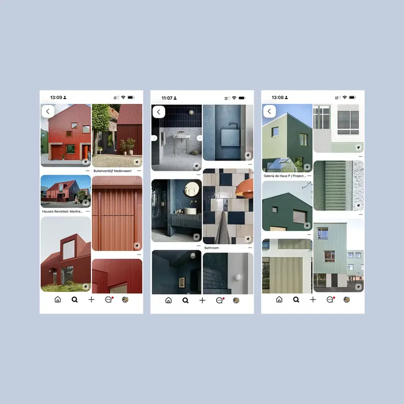 Drei Smartphone-Ansichten von Pinterest mit Architekturpins, etwa roten Fassaden, einem dunklen Bad und einer grünen Fassade